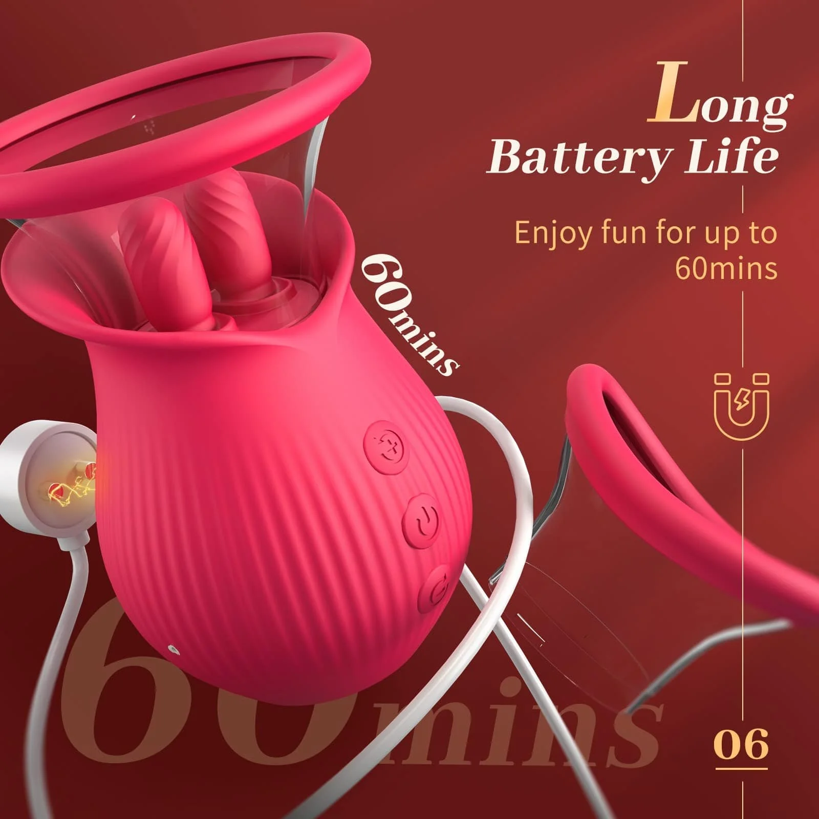 Rose Romeo - 3in1 Rose Sex Toy with 2 Suction Cups Adult Toys Female Clitoral Nipple Vibrators with 10 Licking Sucking Vibrating - Image 7